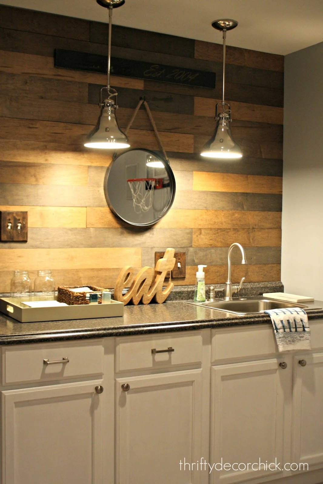 wood planked backsplash