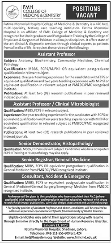 FMH College of Medicine and Dentistry Lahore Jobs 2023 Latest Advertisement