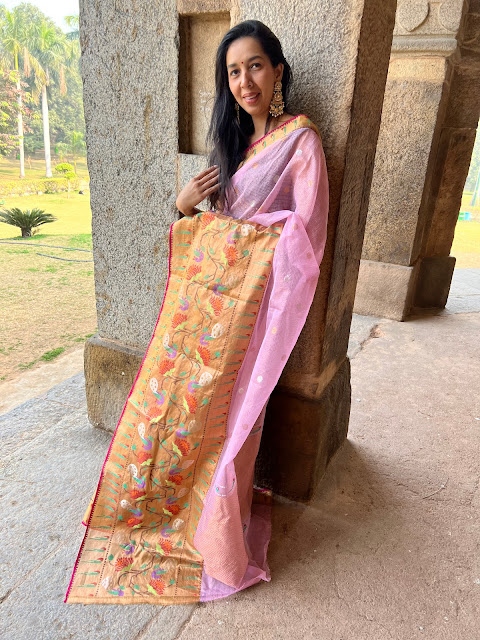 Double tissue kota doria saree pink color with floral jaal