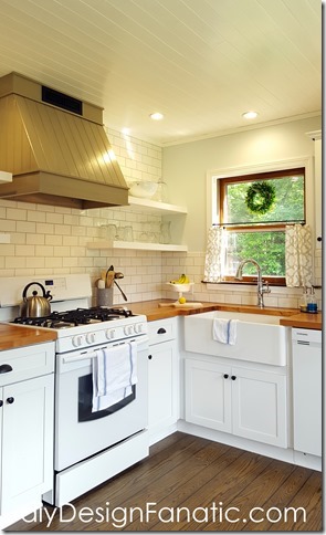 cottage kitchen, farmhouse kitchen, white kitchen, subway tile, wood countertops, cafe curtains 