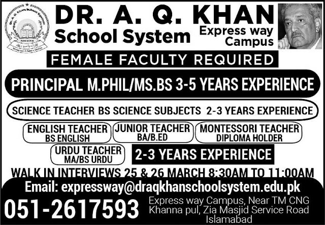 Female Faculty Job Dr. A. Q. Khan Express Way Islamabad 2024