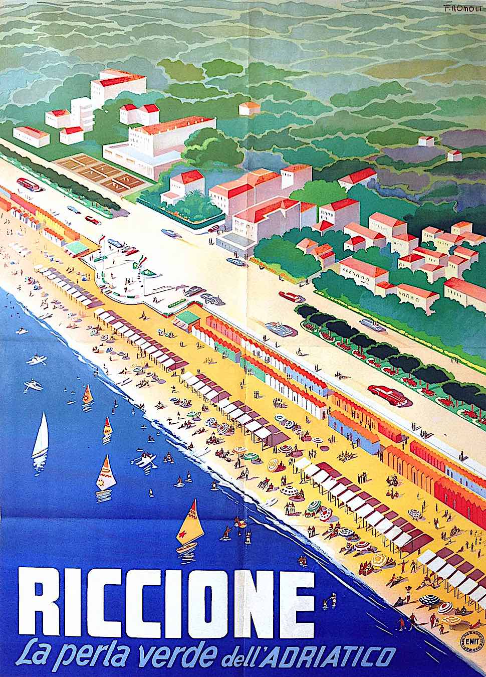 a Filipo Romoli 1949 travel poster for Riccione Adriatic beach in birdseye view