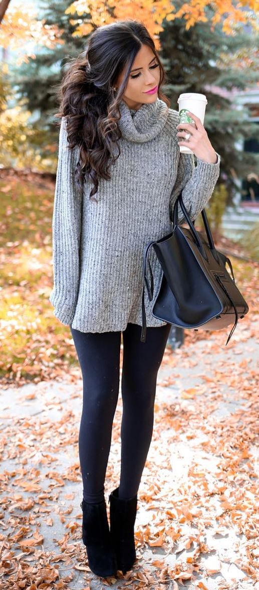 what to wear with a knit sweater : bag + leggings + boots