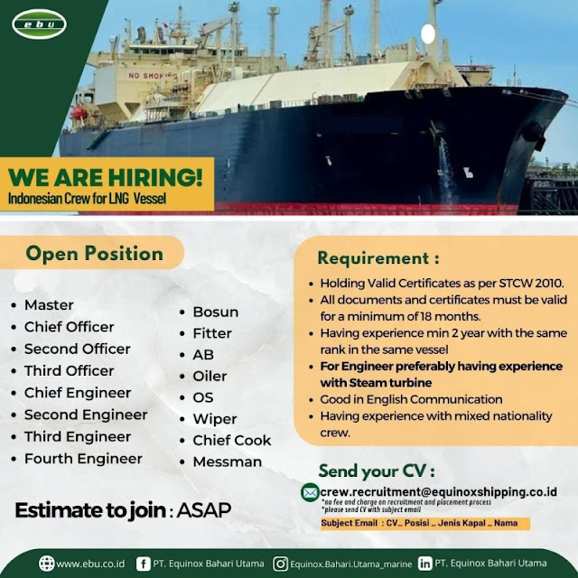 Job Vacancy Pelaut Equinox Bahari Utama Kapal Indonesia April 2024