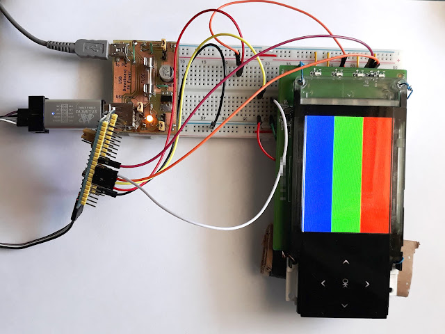 Initial test of front panel on breadboard, driven by STM32 bluepill