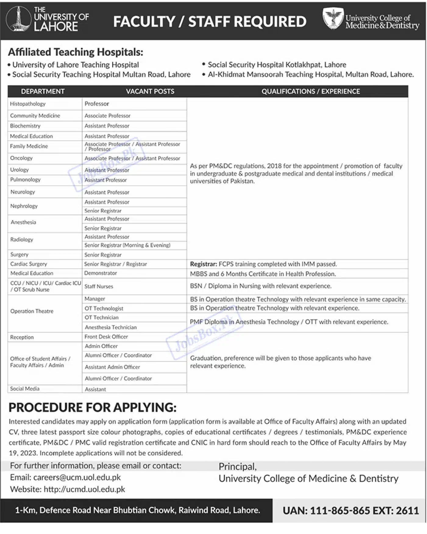 University of Lahore Jobs 2023 at UOL Affiliated Teaching Hospitals