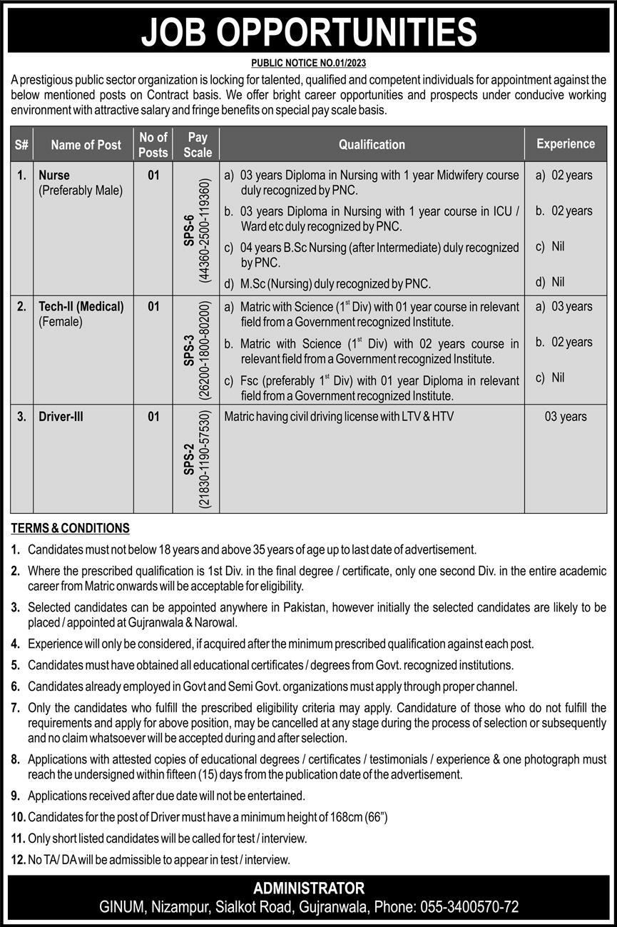 Gujranwala Institute of Nuclear Medicine & Radiotherapy GINUM Management jobs in Gujranwala 2023