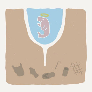 Manatee swimming in a fresh water in a pool that look like menstrual cup surrounded by a dirty water full of garbages. A metaphor that using menstrual cup can save environment.