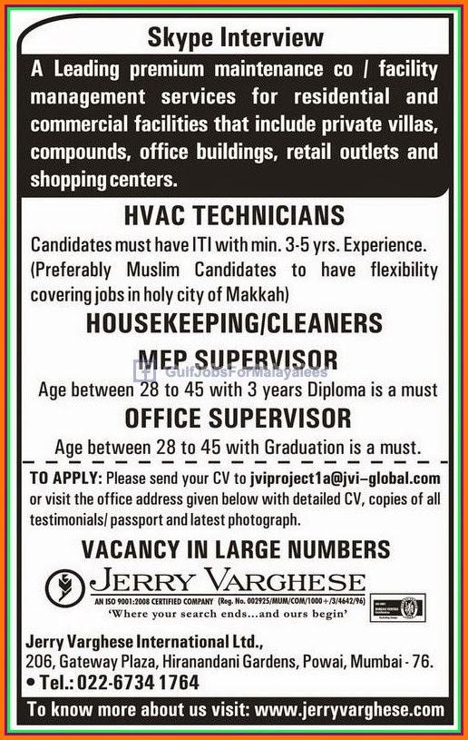 Leading Premium Maintenance company job vacancies for Middle East