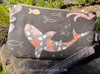 Shark clutch, back view with happy shark motif