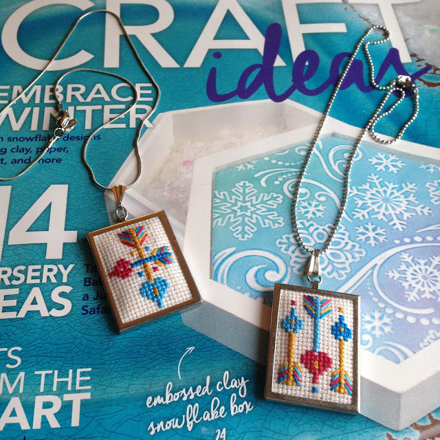 cross-stitched hearts and arrows pendants in Craft Ideas magazine