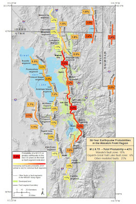 Earthquake probabilities on selected faults and segments of the Wasatch Fault. Image from Utah Department of Natural Resources Miscellaneous Publication 16-3 https://ugspub.nr.utah.gov/publications/misc_pubs/mp-16-3/mp-16-3.pdf