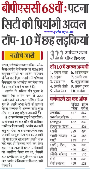 Priyangi Mehta of Patna City tops, 6 girls in top-10 in BPSC 68th Exam notificaton download pdf latest news update 2024 in hindi