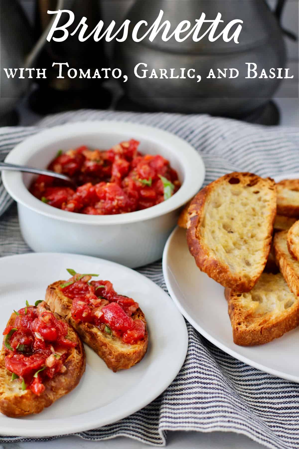 Tomato, Garlic, and Basil Bruschetta on a plate.