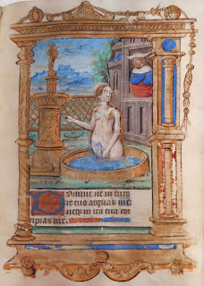 manuscript illuminated page showing Kin David watching Bathsheba bathe
