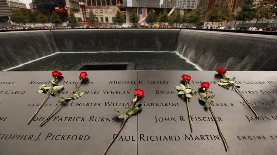 site of twin towers with roses