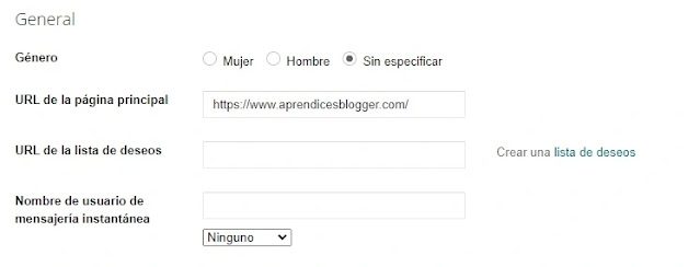 Configuración general del perfil en Blogger