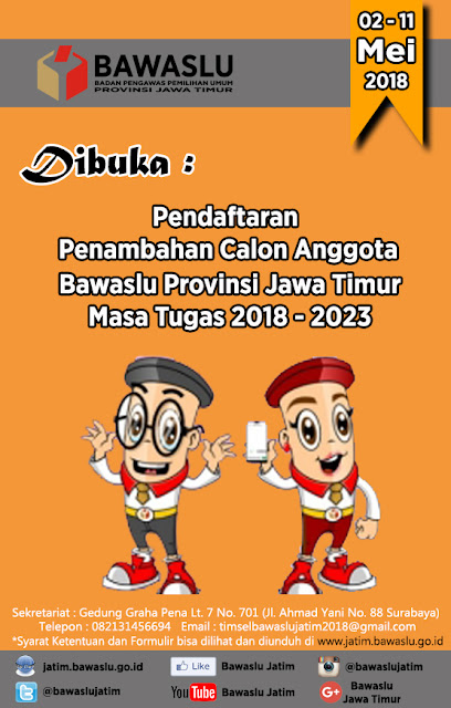 INFO PENDAFTARAN CALON ANGGOTA BAWASLU PROVINSI JAWA TIMUR (PENAMBAHAN) MASA TUGAS 2018-2023