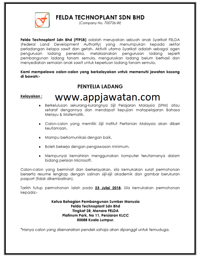 Jawatan Kosong di Felda Technoplant Sdn Bhd - 23 Julai 