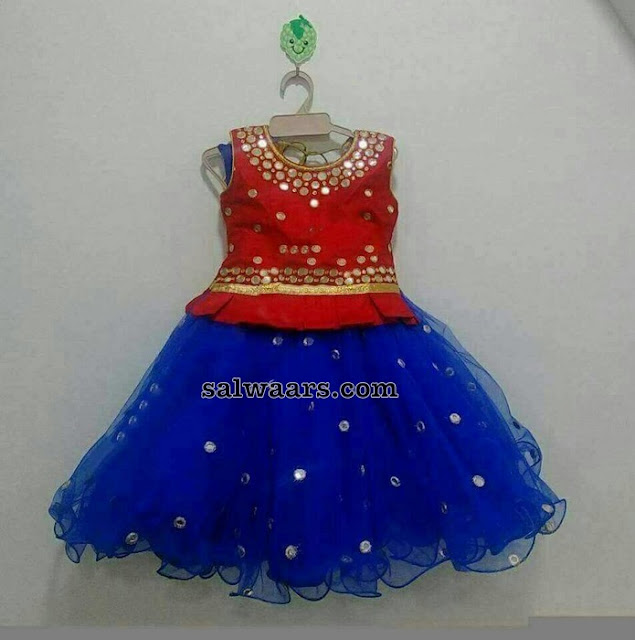 Blue and Red Mirror Lehenga for Kids