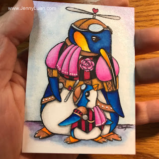 ACEO art card steampunk penguin mommy baby 