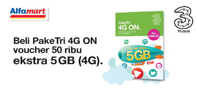 Beli Paket Tri 4G On di Alfamart, Bonus Voucher Pulsa 50 Ribu 