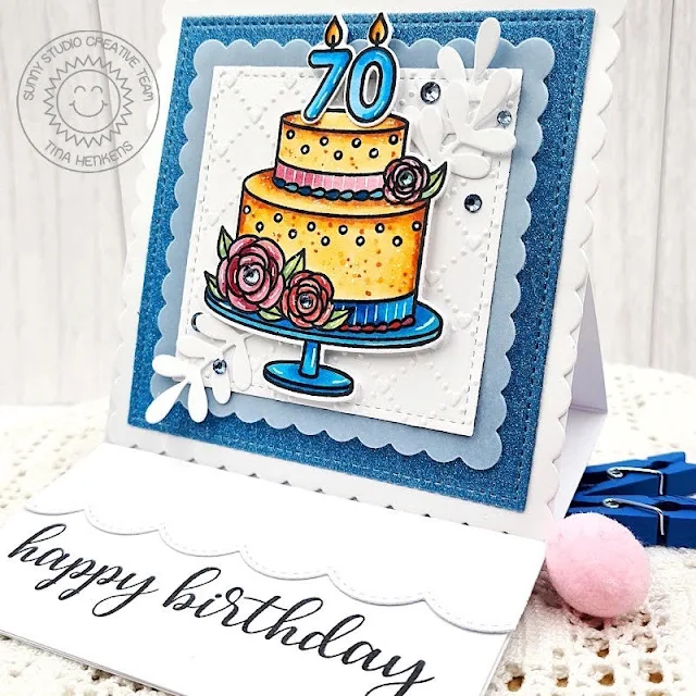 Sunny Studio Stamps: Special Day Birthday Card by Tina Henkens (featuring Scalloped Square Dies, Stitched Square Dies, Everyday Greetings, Ribbon & Lace Border Dies, Winter Greenery)