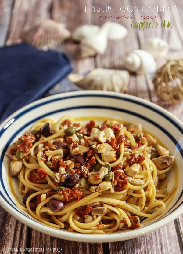 Linguine con lampuga, pomodori secchi, capperi e olive