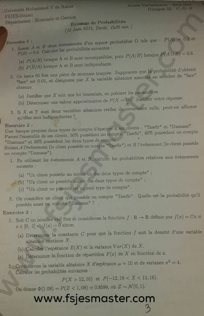 Exemple Examen Licence Epreuve de Probabilités 2014-2015 - Fsjes Souissi
