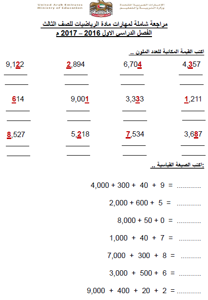 مراجعة شاملة في الرياضيات للصف الثالث الفصل الدراسي الاول 2018-2019