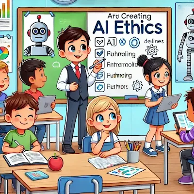 초등학생들이 AI 윤리적 문제를 토론하고, 팀으로 윤리 기준을 만드는 모습