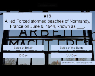 Allied Forced stormed beaches of Normandy, France on June 6, 1944, known as ___. Answer choices include: Battle of Britain, Battle of the Bulge, D-Day, V-J Day