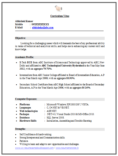 Download Now B Tech ECE Fresher Resume