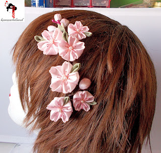 aplique de flores kanzashi, flores sakuras, kanzashiland, kanzashi