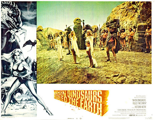 WHEN DINOSAURS RULED THE EARTH. Estados Unidos. Lobby Card: 36 x 28 cms. Ilustraciones: Tom Chantrell.  CUANDO LOS DINOSAURIOS DOMINABAN LA TIERRA. When Dinosaurs Ruled the Earth. 1970. Reino Unido. Dirección: Val Guest. Reparto: Victoria Vetri, Patrick Allen, Robin Hawdon, Drewe Henley, Sean Caffrey, Magda Konopka, Imogen Hassall, Patrick Holt.