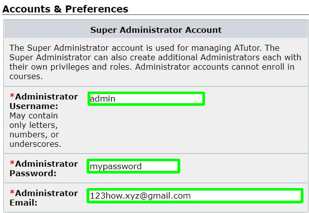 atutor installation account and preferences super admin account