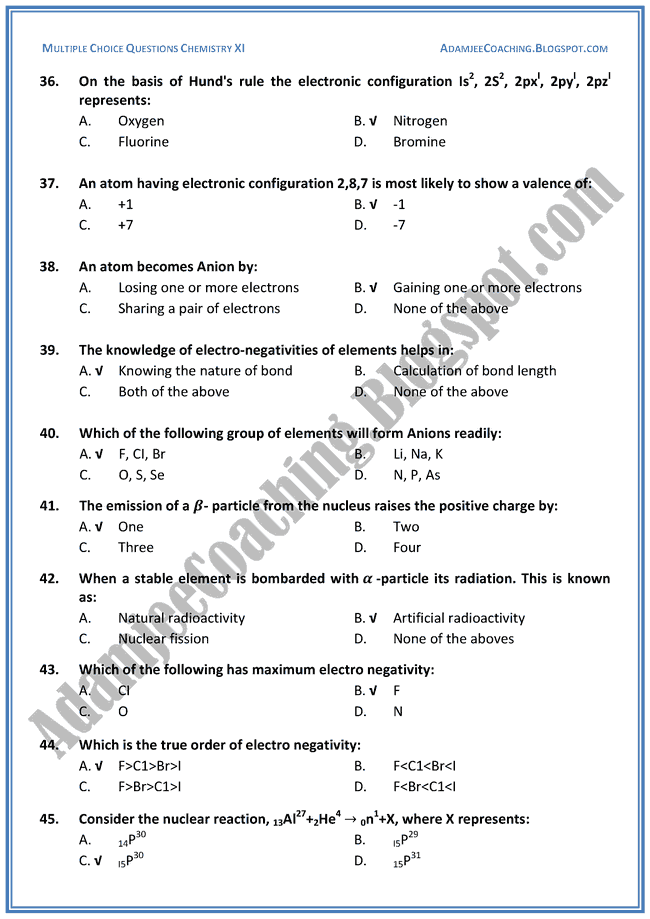 XI Chemistry MCQs - Atomic Structure