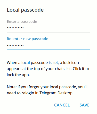 Jendela pengaturan pengunci Telegram di Telegram Desktop