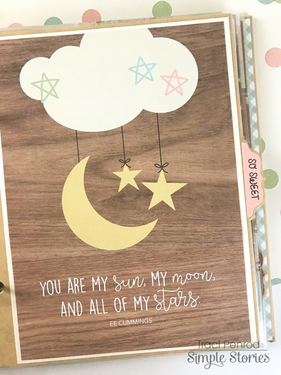 Tiny Blessings Baby Girl Scrapbook Album with moon, stars, & clouds