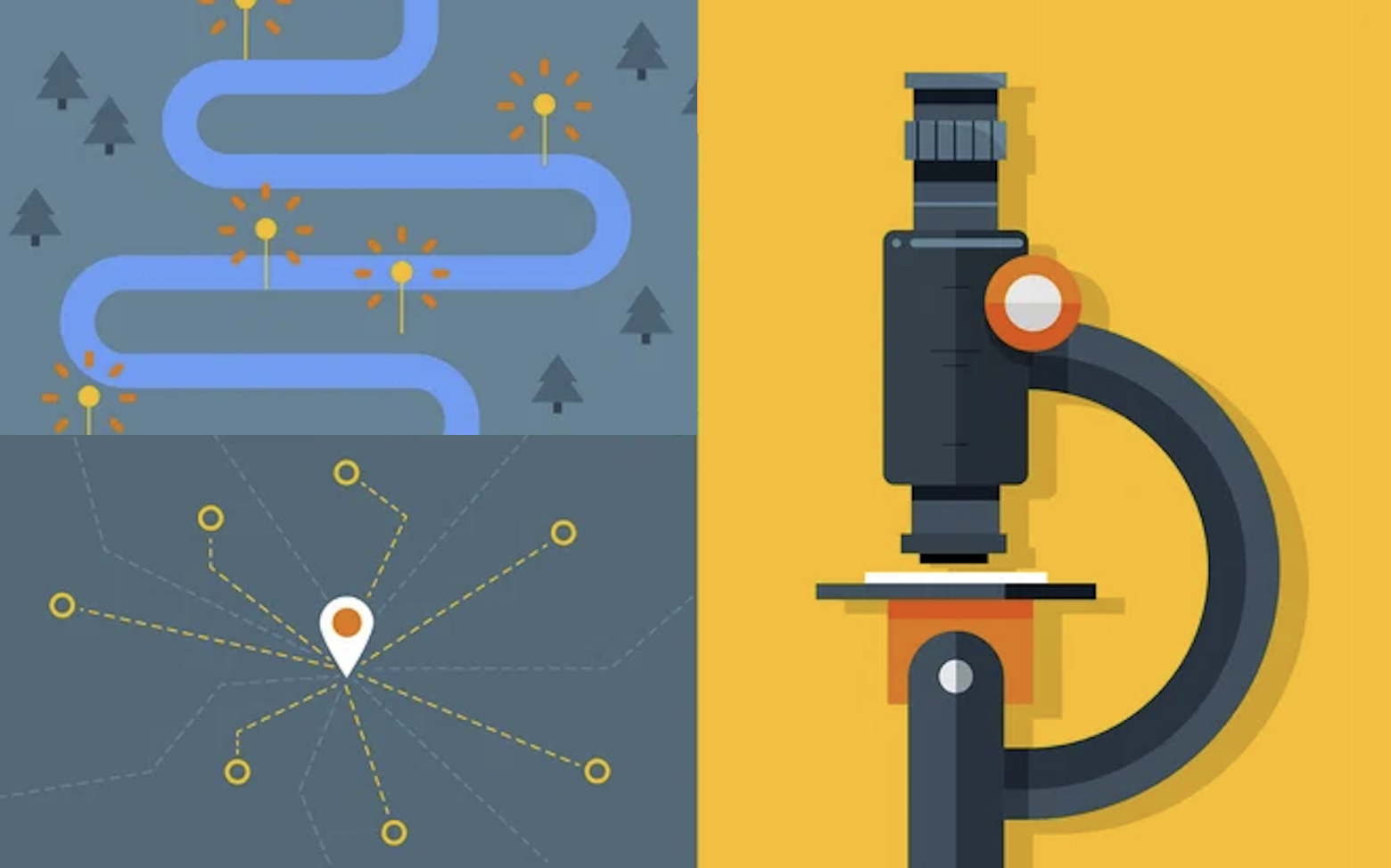 Colorful illustration depicting three of the uses of AI: A map showing a river and where it will flood; a microscope; and a map marker with dotted lines coming from it