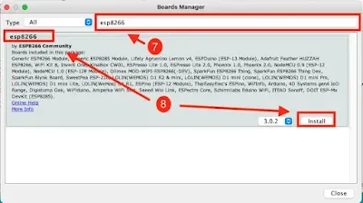 Type "ESP8266" on the search column, select the first result and click install button.