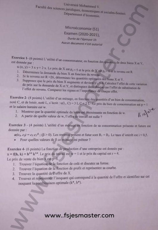 Exemple Examen Microéconomie Licence S1 - Fsjes Souissi