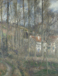 Impressionistic painting of a house in bare trees