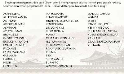 Green World Indonesia - Peraih reward China Tour 2013 