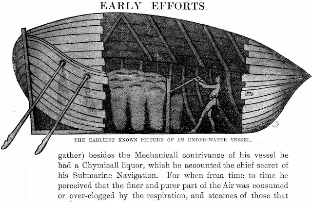 a 1600s submarine design, the earliest known picture of an underwater vessel, besides the mechanical contrivance of his vessel he  had a chemical liquor, from time to time he perceived that the finer  and purer part of the air was consumed