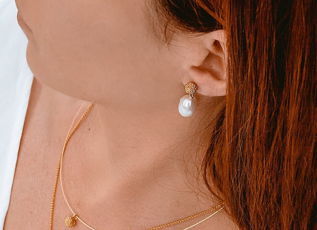 Baroque Pearl Earrings Worn on Model