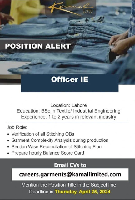 Kamal Ltd Latest Jobs in Lahore Officer IE 2024