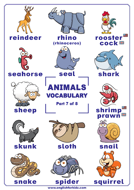 Animals vocabulary for kindergarten - printable poster