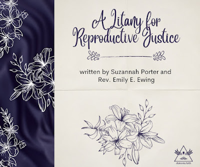 ID: a graphic designed by Pace Warfield-May shows a purple band with white flowers adjacent to a taupe rectangle with the following text: "A Litany for Reproductive Justice/written by Suzannah Porter and Rev. Emily E. Ewing." A purple flower is under the text and the diakonia.faith logo is in the bottom right corner.