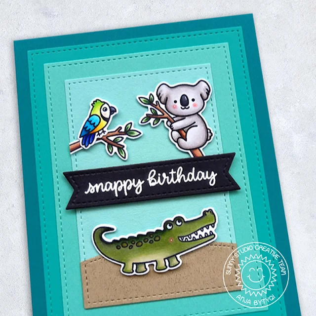 Sunny Studio Stamps: Stitched Rectangle Dies Outback Critters Punny Birthday Card by Anja Bytyqi
